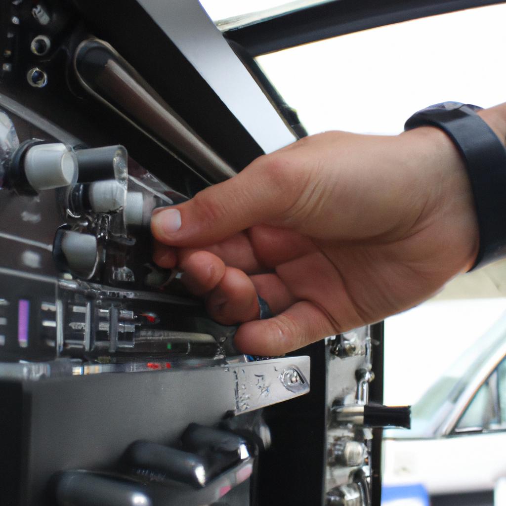 Person adjusting radio broadcasting equipment